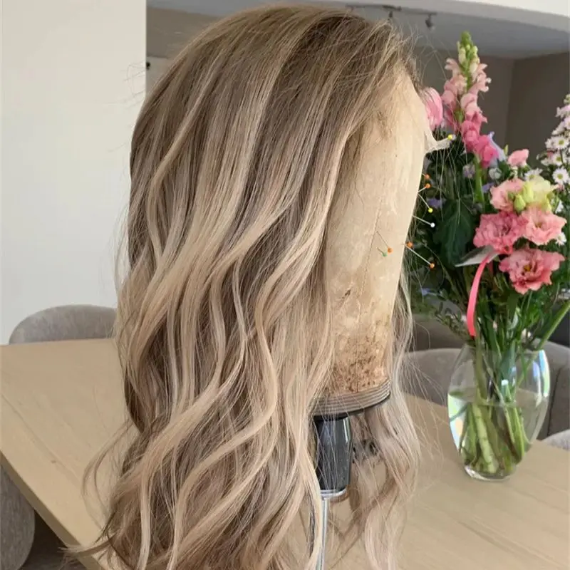 Glueless Wig Ombre Blonde Brown  Balayage Synthetic HD Lace Front Wig Blend Human Hair Beginner Friendly Preplucked Hairline