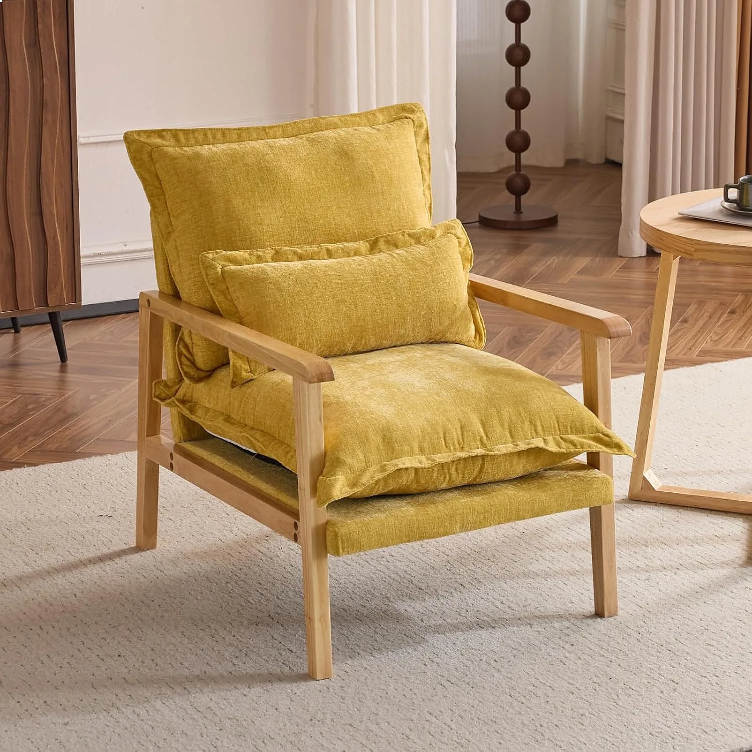 Karl Home Yellow Plush Chenille Accent Chair with Lumbar Pillow & Ruffled Design