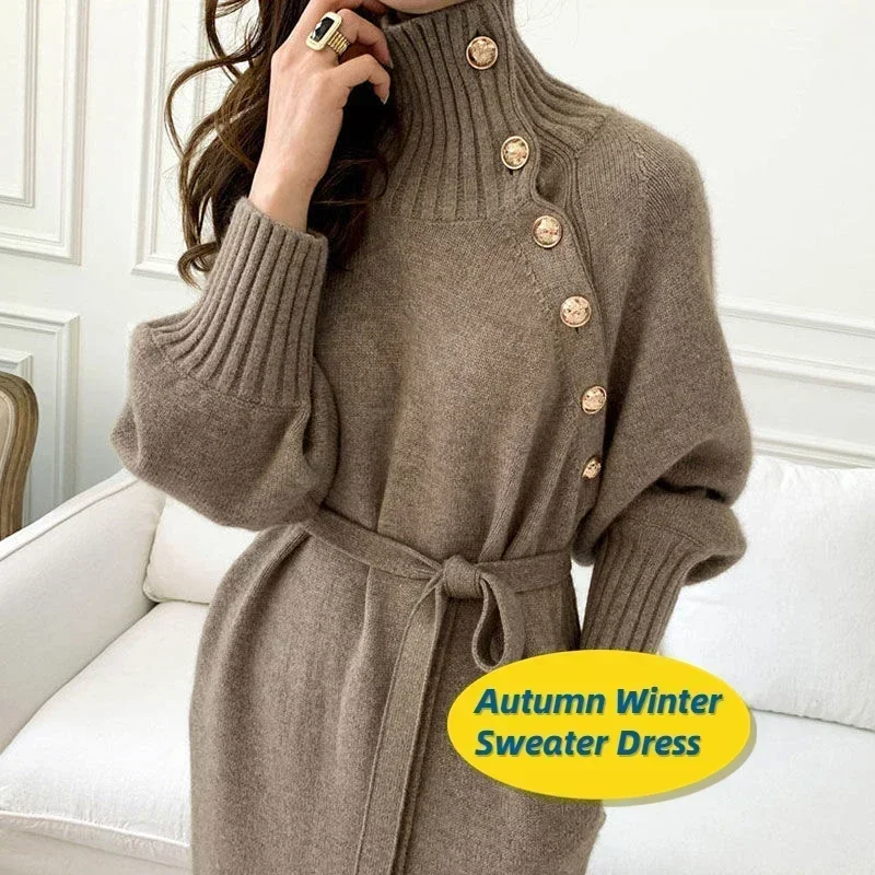 

BTQWFD Turtleneck Sweaters Long Sleeves Dresses for Women Party Pullovers 2024 New Autumn Winter Button Skirts Female Clothing