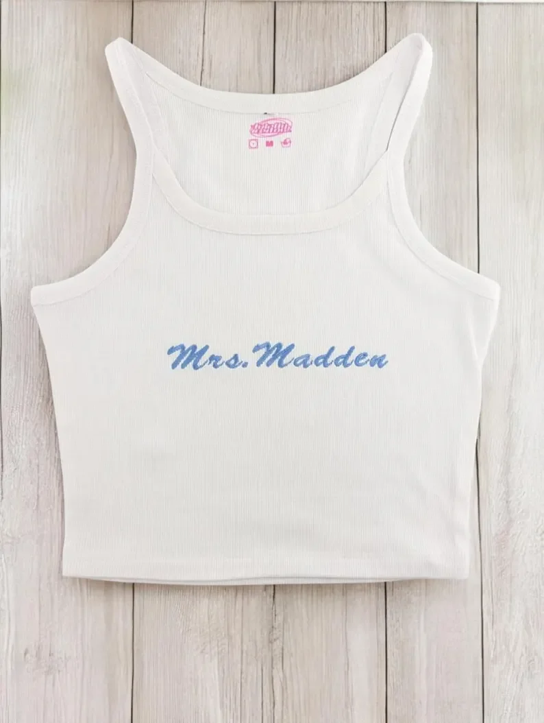 Custom Mrs. Bride Embroidered Baby Rib Spaghetti Strap Tank Top Personalized Embroidery Tops Wedding Bride Bridemaid Gifts