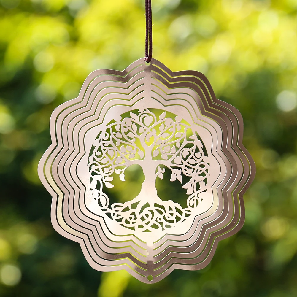 Tree of Life 3D Rotating Wind Spinner Pendant Metal Wind Chimes Garden Hanging Decoration Flowing-Light Effect Design Aesthetic