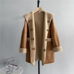 Chic Real Lamb Wool Fur Overcoats Women Winter New Classic Versatile Double-sided Wearable Mid Long Hooded Coats Trend Warm Tops