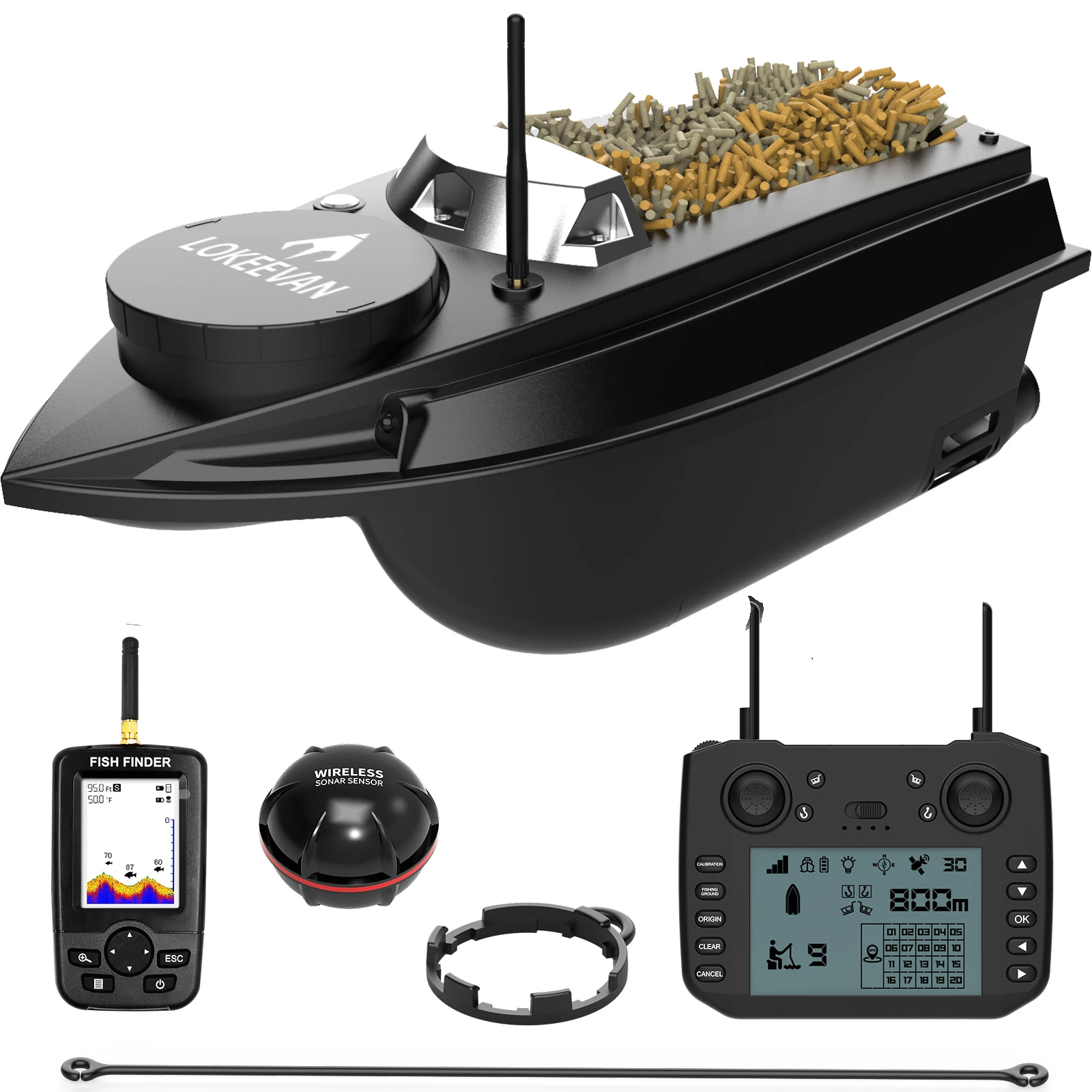 LOKEEVAN V030 GPS Köderboot mit Fischfinder, 1800m Fernbedienung, Doppelkammer 3kg Nutzlast, Ein-Tasten-Netzabwurf, Automatische Rückkehr, 180 GPS-Waypoints, 12V Hochgeschwindigkeits-Karpfenangelboot