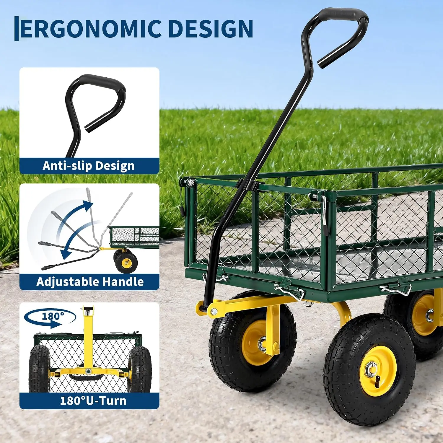 Tacleekii 900 Lbs Garden Cart Sturdy Metal Utility Wagon with  Removable Mesh Sides 12-Inch All-Terrain Tires 180-Degree Handle for Lawn, Yard & Gardening