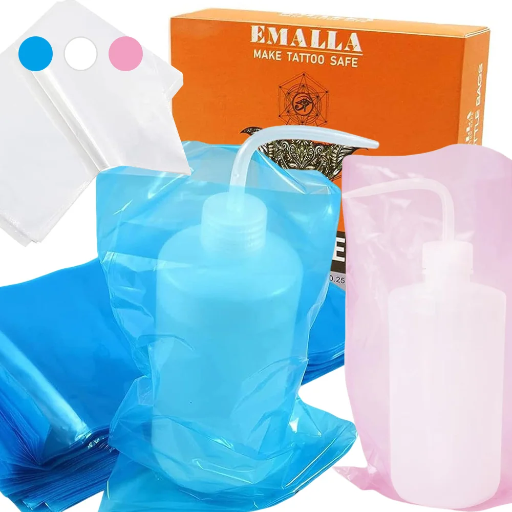 EMALLA Bolsas para botellas de lavado de tatuajes, 250 Uds., bolsas para botellas de tatuaje, bolsas para botellas exprimibles, cubiertas para botellas de tatuaje, bolsas de plástico para botellas de lavado