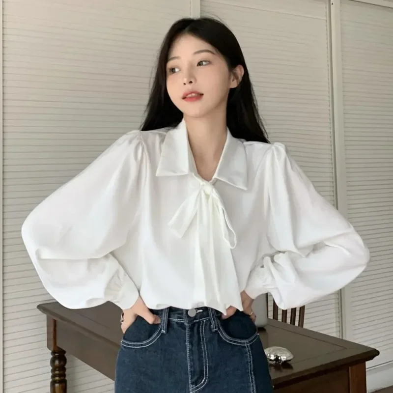 Lantern Sleeve Shirts Women Single Breasted Bow Design Korean Style Temper Solid Loose Fit All-match Office Lady Autumn Mujer