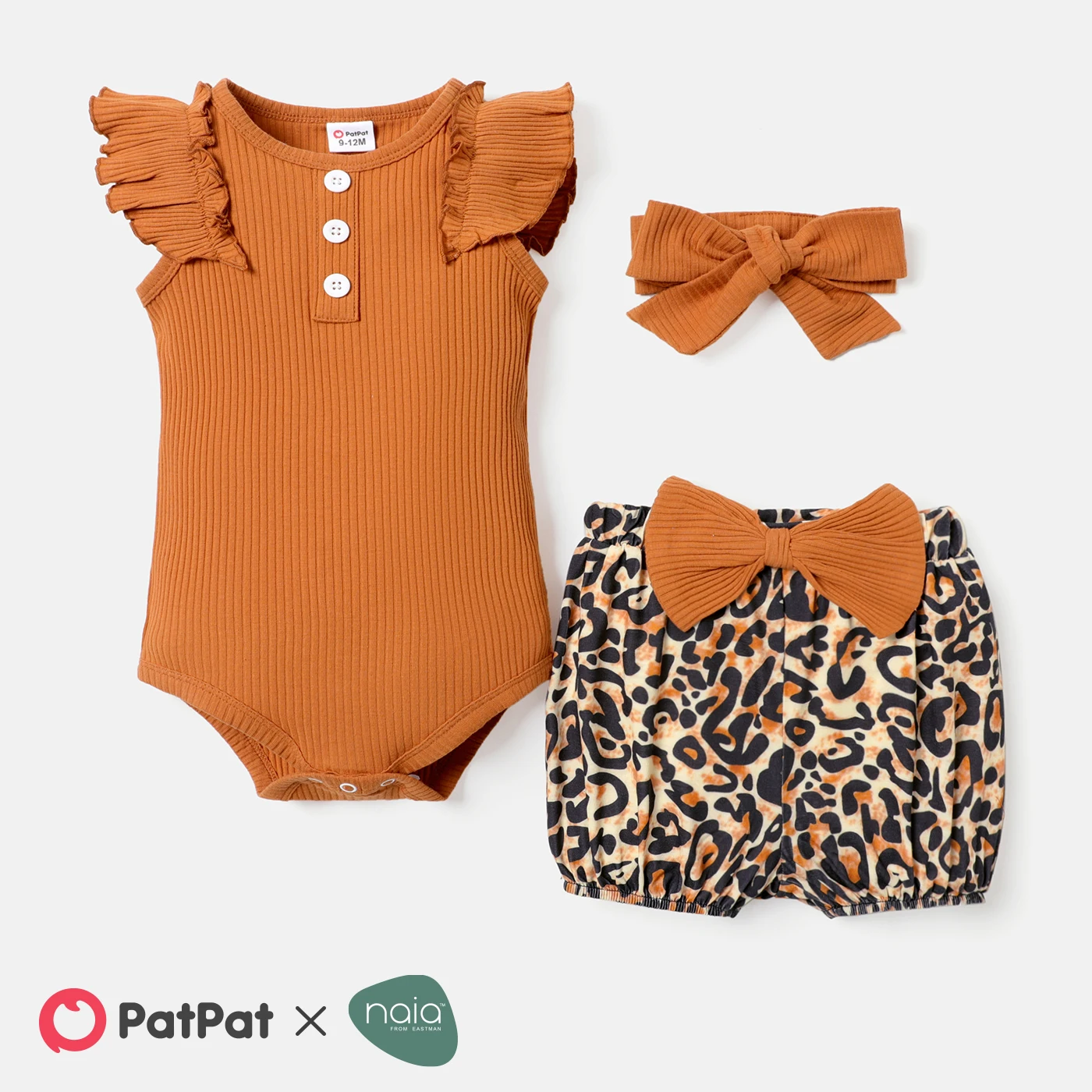 

PatPat 3pcs Baby Girl Solid Cotton Ribbed Flutter-sleeve Romper and Bow Front Leopard Print Naia™ Shorts & Headband Set