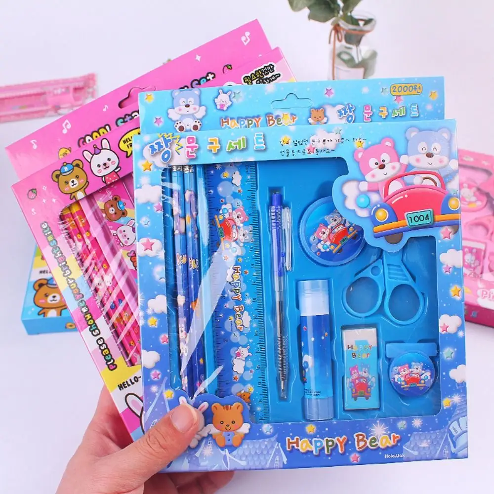 Cute 9 in 1 Stationery Set Pencil Ruler School Supplies Eraser Scissors Stationery Gift Set Children Day Gifts