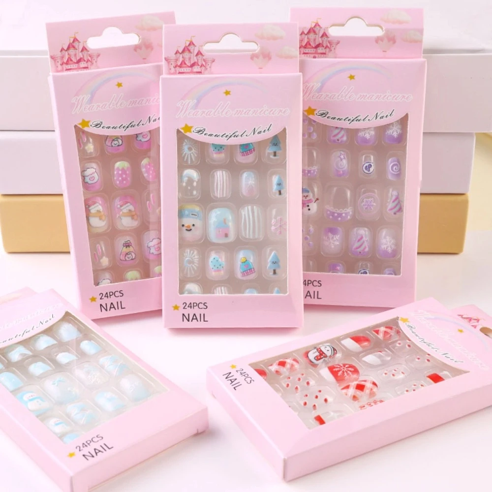 Snowflake Snowman Children Christmas False Nails Bowknot Bunny Flower Kids Cartoon Fake Nails Short Square Shaped