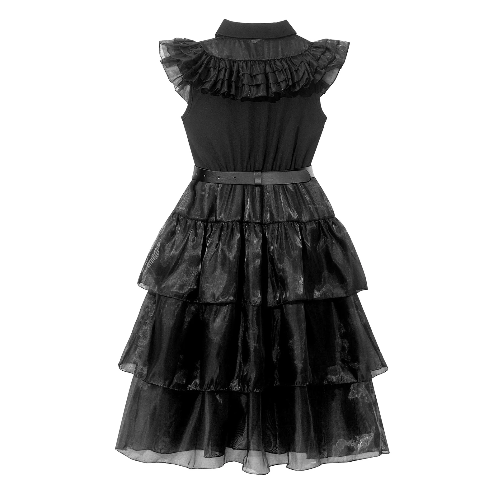 Black Kids Girls Lapel Collar Mesh Dress Waisted Dress with Waist Belt Halloween Cosplay Dress Fancy Dress Party Cosplay Costume