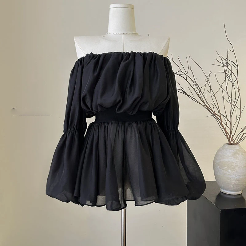 

Korean Gentle Sexy Chiffon Top Women One-Shoulder Slim Mesh Pleated Blouse Harajuku Y2K Sweet Bubble Sleeve Shirt