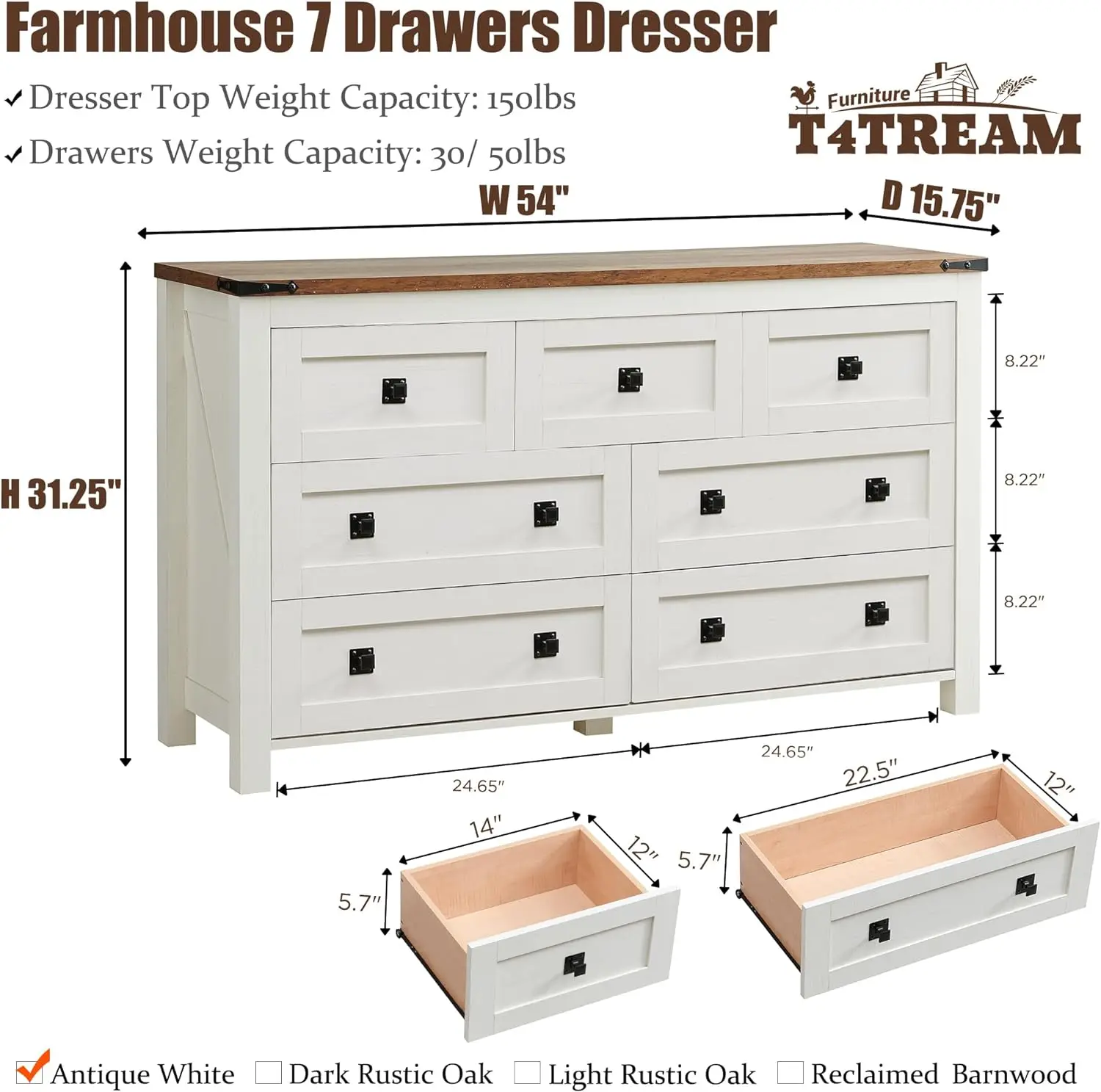 Farmhouse 7 Drawers Dresser for Bedroom, Wood Rustic TV Stand, Storage Organizer, Dresser Chest of Drawers for Living Room