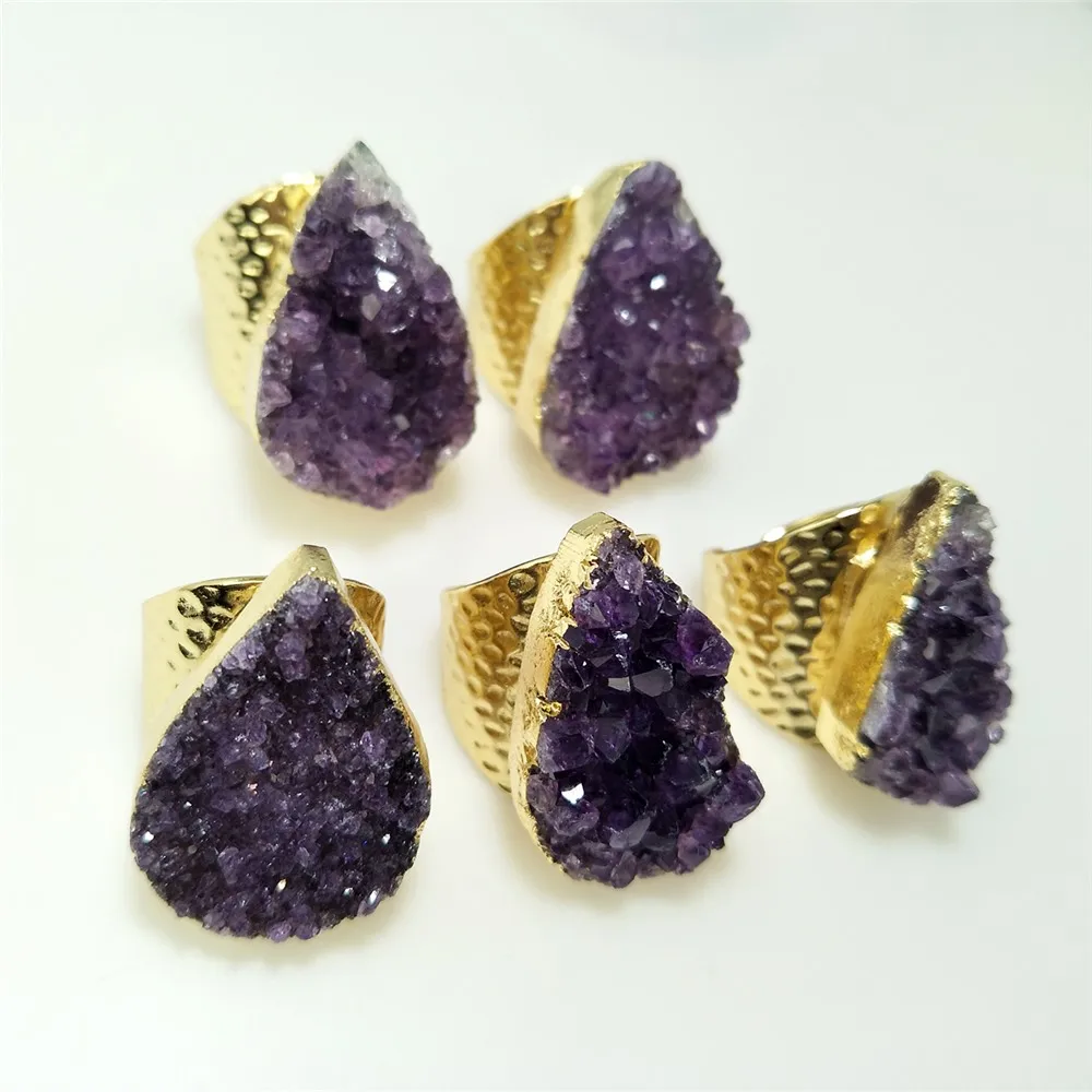 1Pc Natural Water Drop Amethyst Cluster Ring,Golden/Silvery Plated Semi Precious Stone Jewelry For Valentine\'s Day Gift RG043