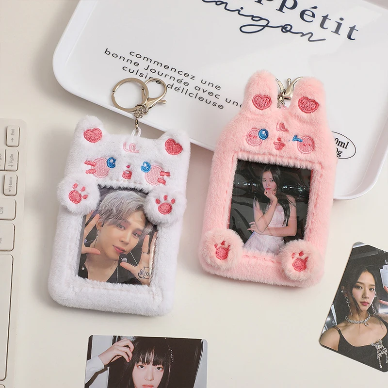 Soft Plush 3 Inch Korean Photocard Holder Cartoon Animal Series Dog/Cat/Chick/Rabbit Photo Card Holder Bag Pendant Stationery
