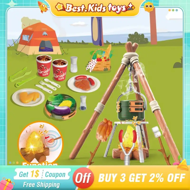 51PC Simulated Campfire Camping Set Toys With Electric Lights Music Kids Educational House Play Food Picnic Game Christmas Gifts