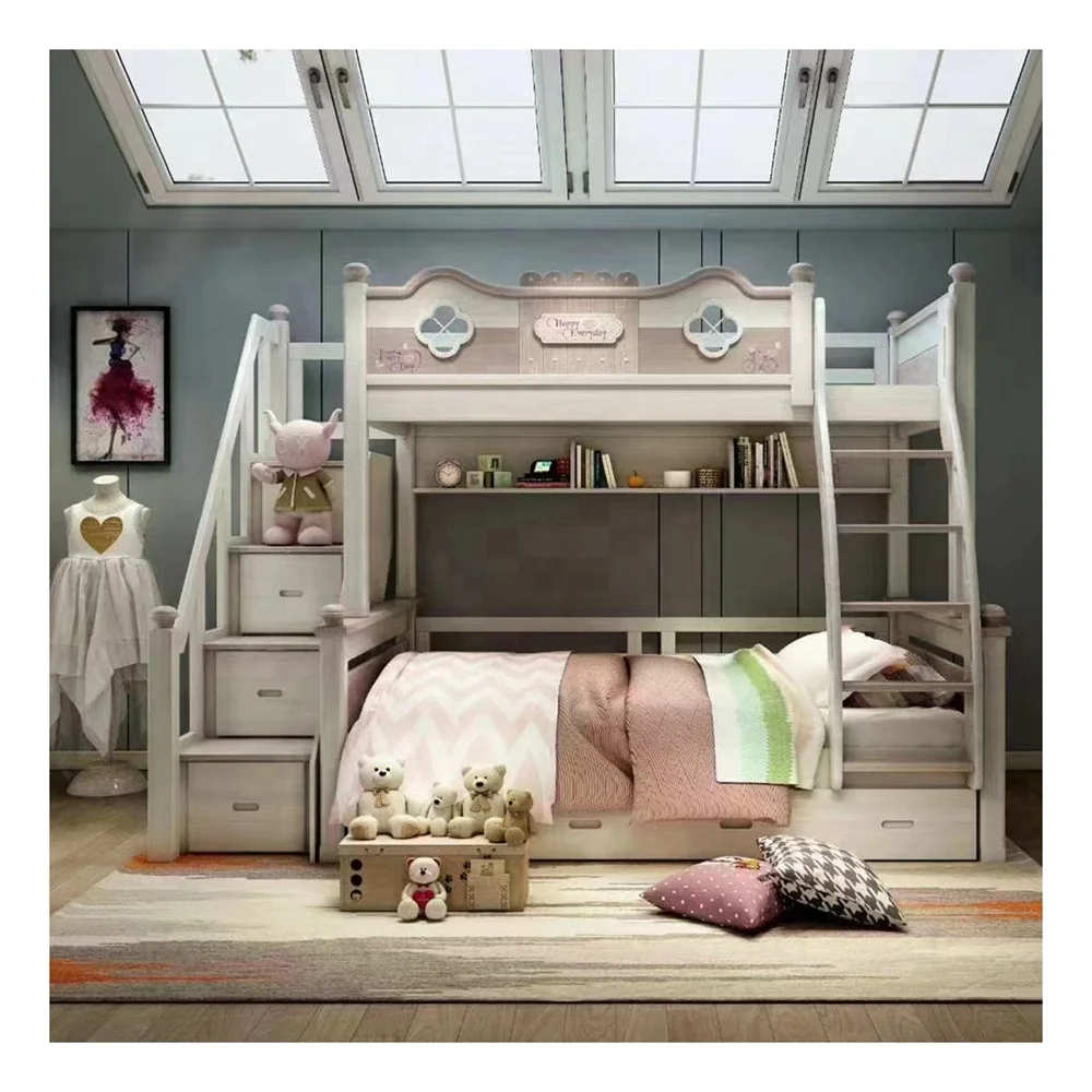 Modern Design Solid Wood Kids Bunk Bed Girl Modern Kid Girl Bed With Storage Stairs Princess Pink Bunk Bed For Children