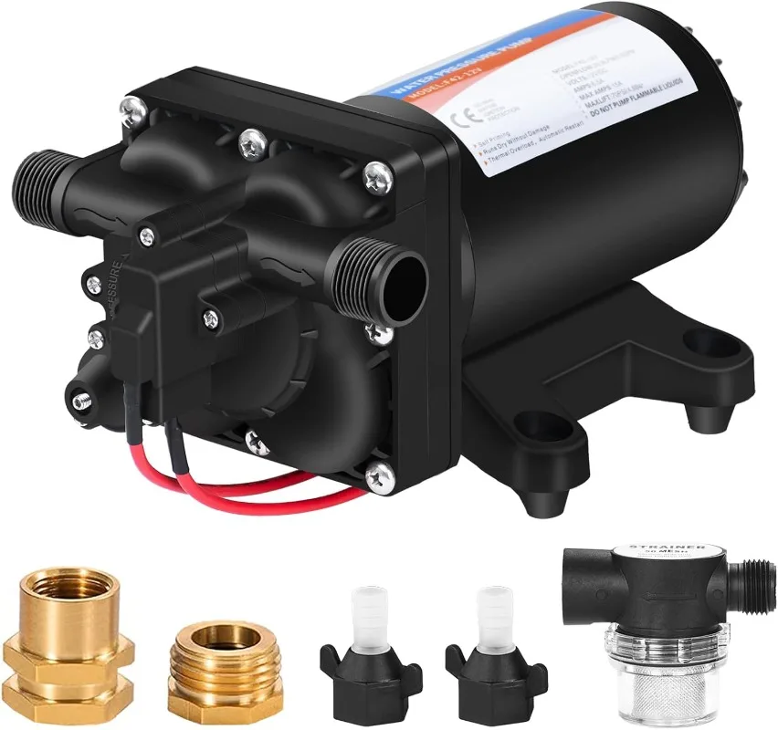 

YOUNGTREE RV Fresh Water Pressure Pump 12V 5.5GPM 70PSI, On Demand Self Priming Water Pump, Include 3/4" Garden Hose Adapters