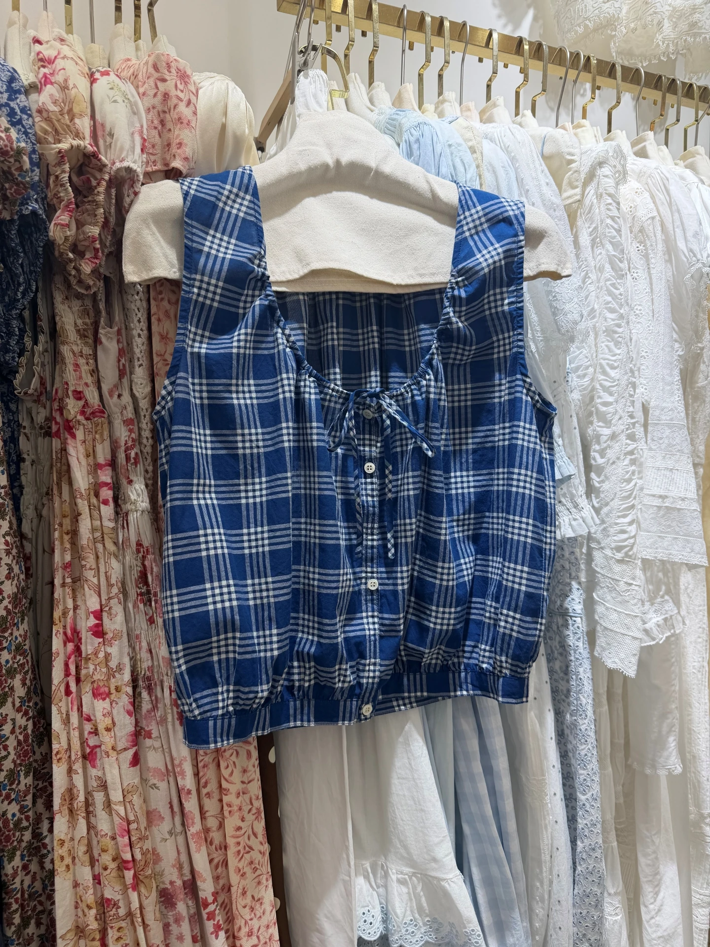 100% Cotton Women's Blue Plaid Tank Top Summer 2026 Sleeveless Single Breasted U-Neck Fashion Casual Vest