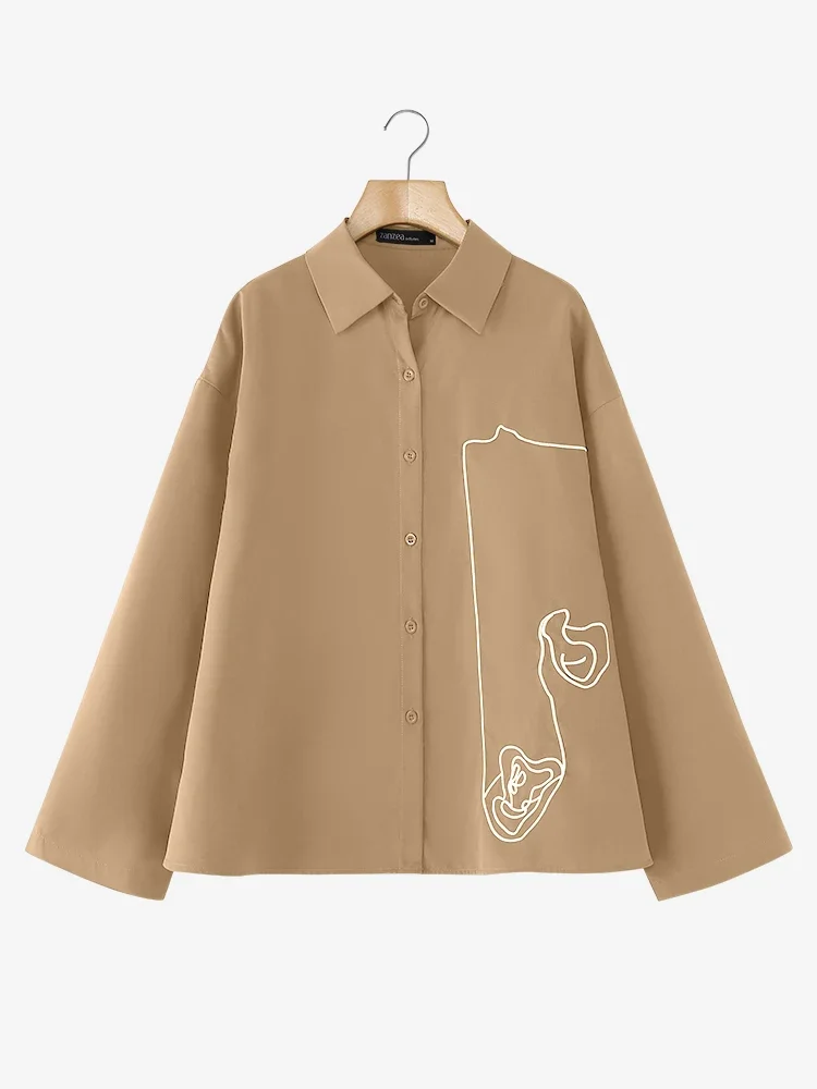 ZANZEA-túnicas coreanas holgadas informales de verano para mujer, camisas bordadas, blusa de manga larga para oficina, Tops con cuello de solapa para vacaciones