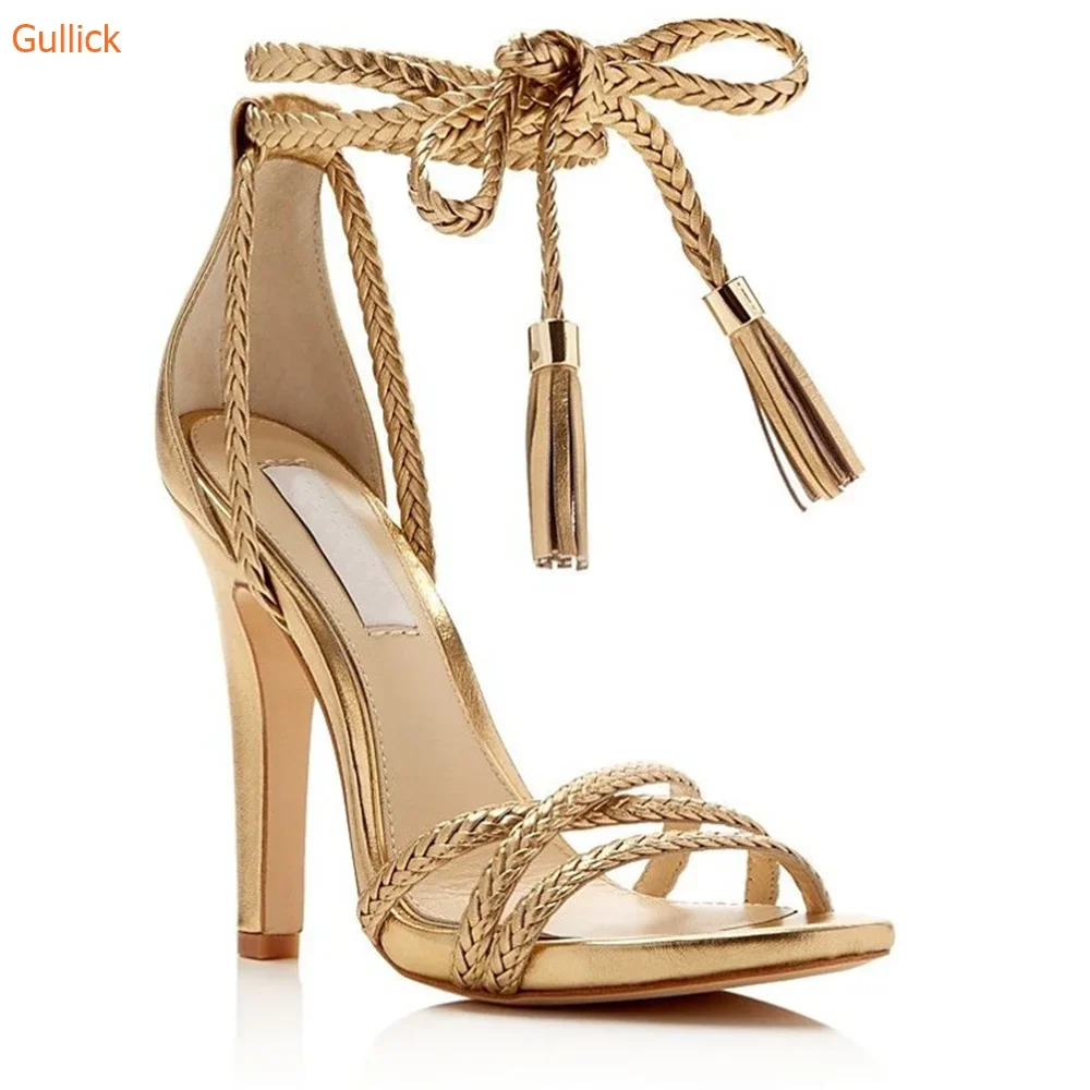 

Gold Heels Sandals For Woemn Comfortable Stiletto Heels Ankle Weave Strap Summer Shoes Pointed Toe 2026 Newest Modern Sandals