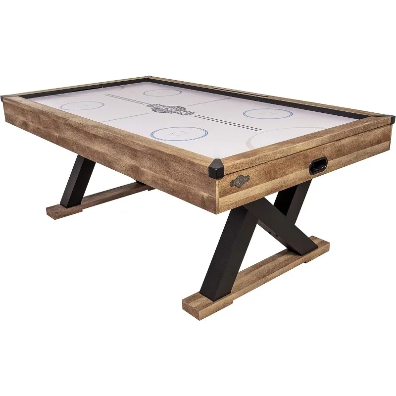 84” Air Powered Hockey Table with Rustic Wood Finish, K-Shaped Legs and Modern Design