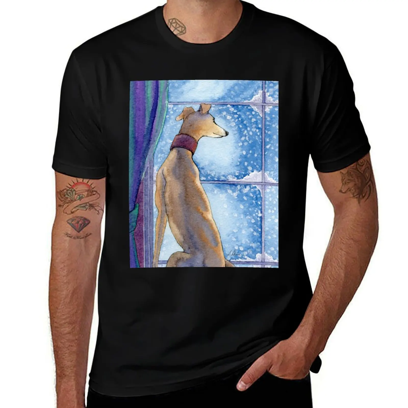 

Greyhound dog sits in the warm watching the snow fall outside T-Shirt Retro Graphic Print T-Shirt