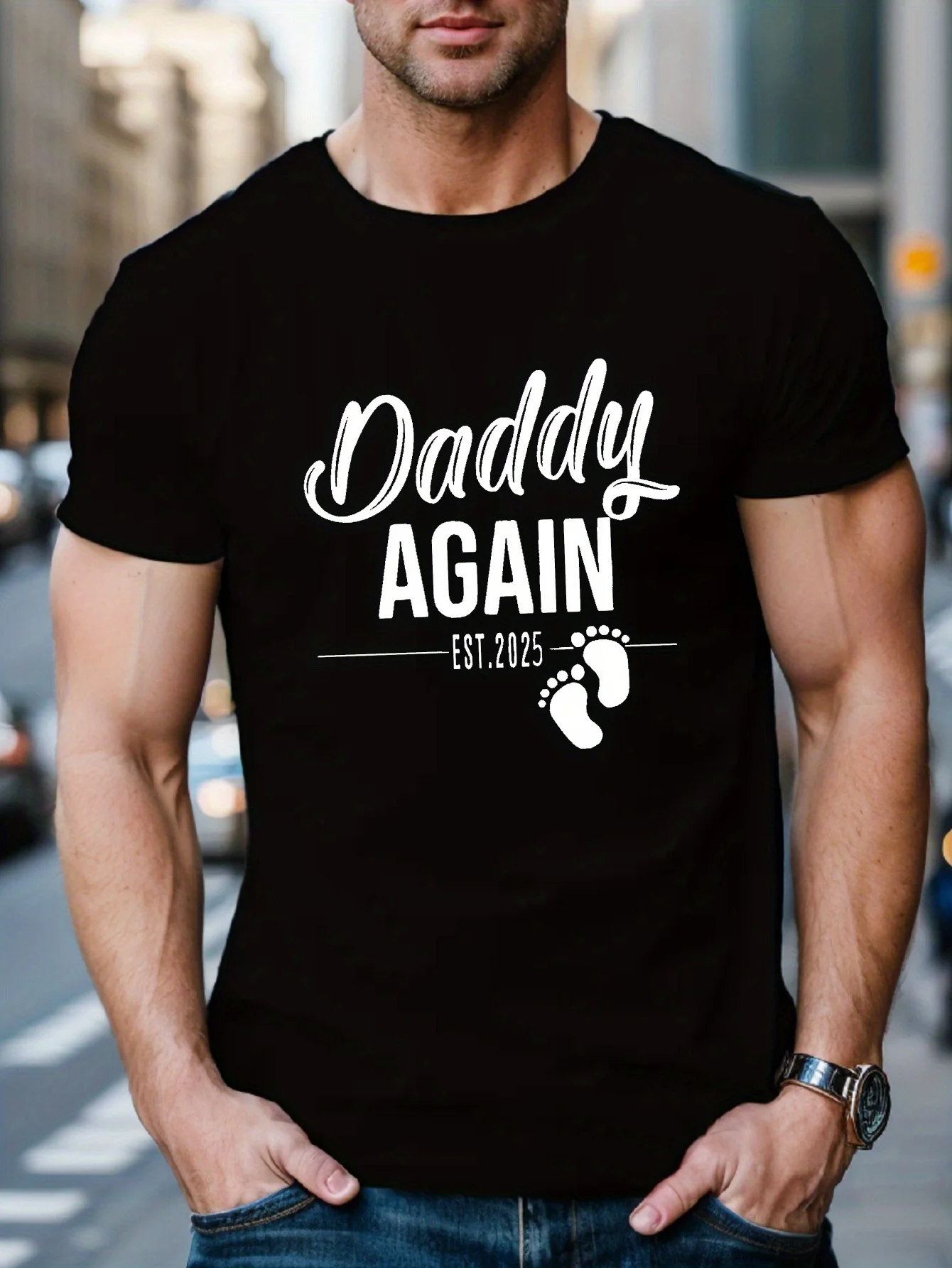 تي شيرت صيفي للرجال 2025 "Dad Again" - كم قصير، رقبة دائرية، نمط هندسي، قابل للغسل في الغسالة