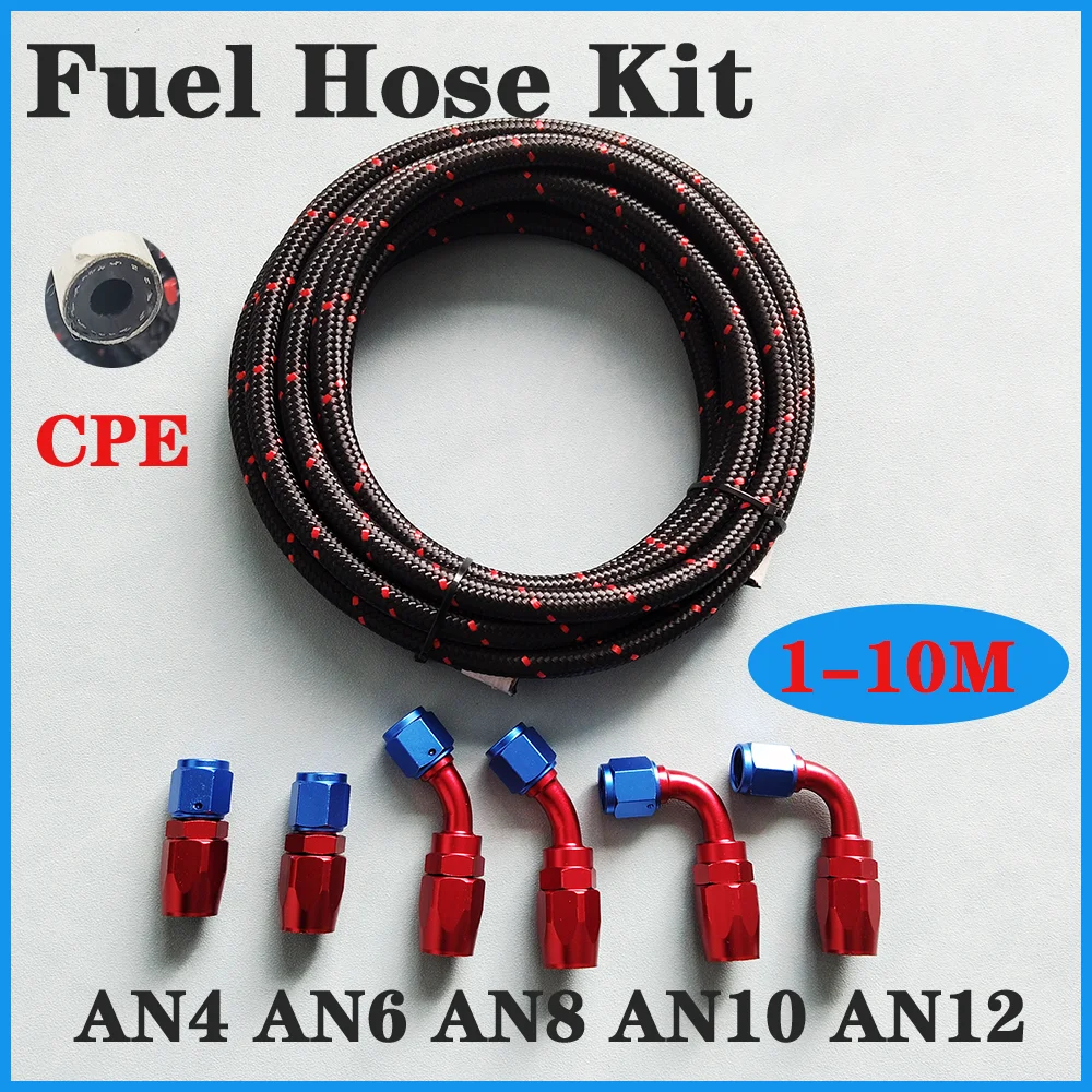 1-10M AN4 AN6 AN8 AN10 AN12 CPE Fuel Line Hose Kit, E85 Nylon Braided Fuel Hose  6Pcs Swivel Fuel Hose End Fitting Adapters Kit