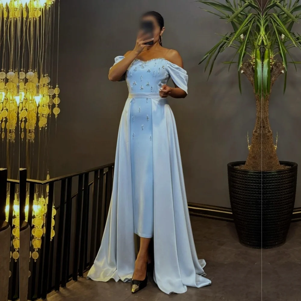 

Customized Grace Pleat Rhinestone Off-the-shoulder Straight Midi Dresses Formal Evening Dress Bespoke Occasion Wedding Party