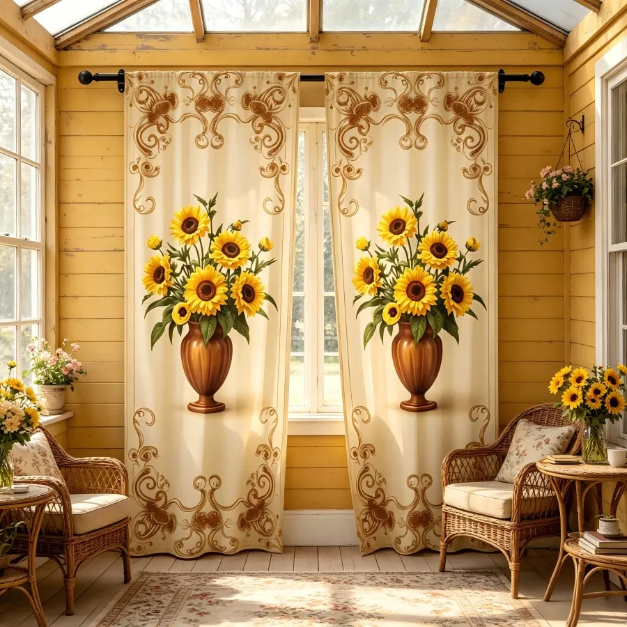 2PCS Digital Print  Curtain, Sunflower Vase, Modern Farmhouse Rustic Window Treatment for Bedroom Living Room Decoration