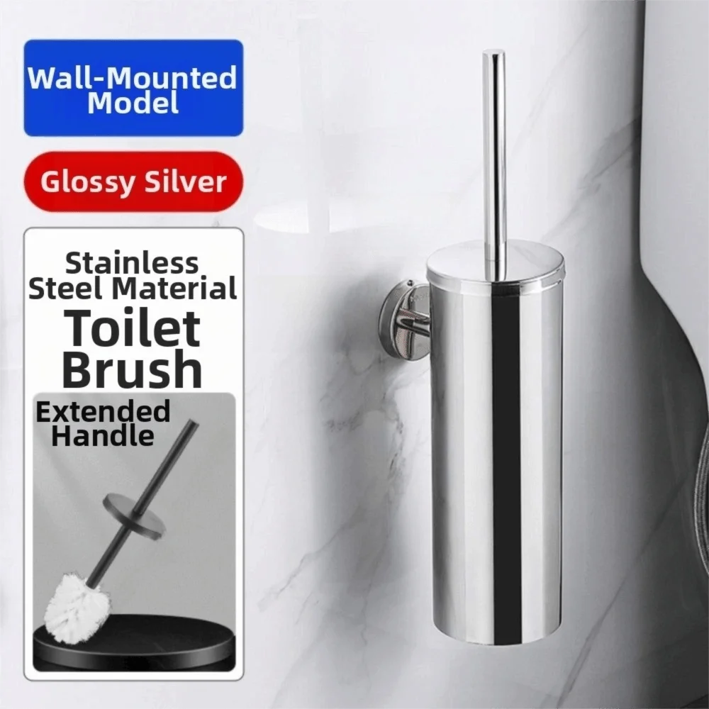 Stainless Steel Toilet Brush with Base Wall Mounted No Drill Toilet Cleaning Brush Long Handle Splash Proof Toilet Scrubber
