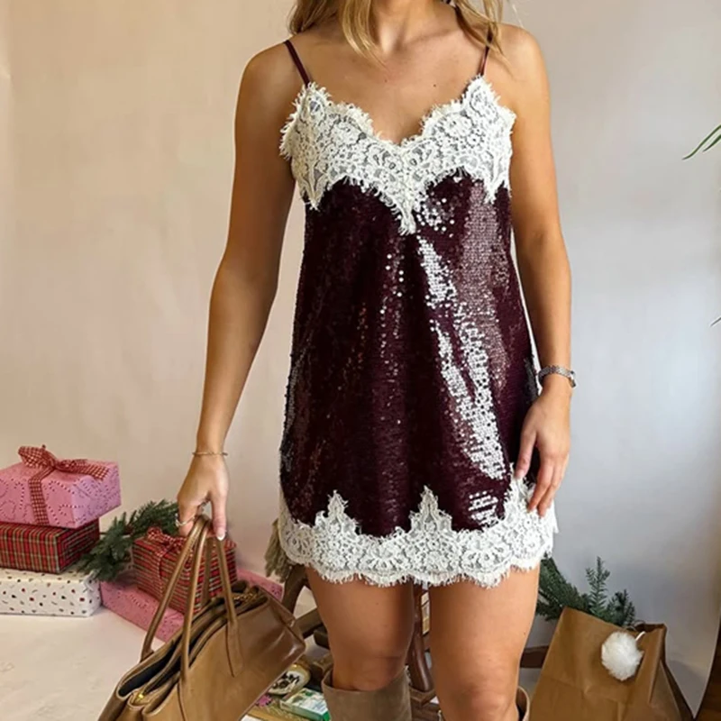 Y2k Sparkly Spaghetti Strap A Line Mini Dress Women Sequin Lace Trim Dress Sexy V Neck Backless Patchwork Cocktail Party Dress