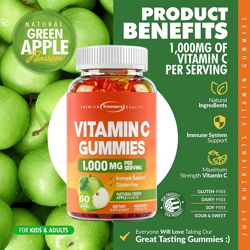 Vitamin C 1000 Mg Gummies - Powerful Immune Support, Skin Collagen Support - Tart Green Apple - 60 Gummies, Adults & Kids