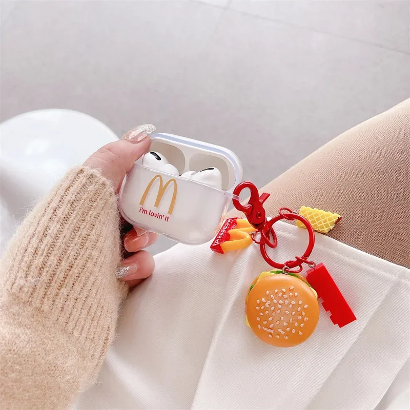 Custodia con ciondolo per hamburger carino per AirPods 4 Airpod 1 2 3 Pro Pro2 auricolari Bluetooth scatola di ricarica custodia protettiva per auricolari