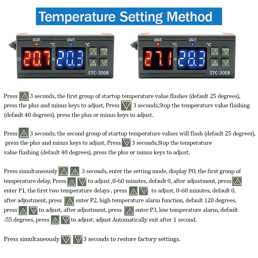 STC-3008 duplo controlador de temperatura digital dois saída relé dc12v dc 24v ac220v termorregulador termostato com aquecedor térmico