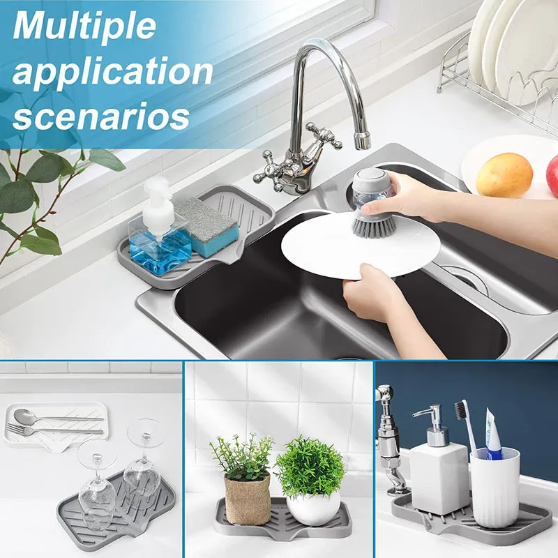 Silicone Faucet Mat Kitchen Sink Tray Soap Dispenser Sponge Drain Pad Sink Splash Drying Mat Countertop Storage Tray Organizer