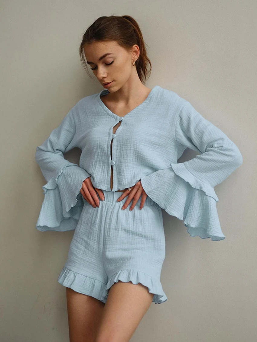 

Marthaqiqi Cotton Female Pajama Set V-Neck Sleepwear Long Sleeve Nightie Crop Top Nightwear Shorts Casual Home Clothes For Women