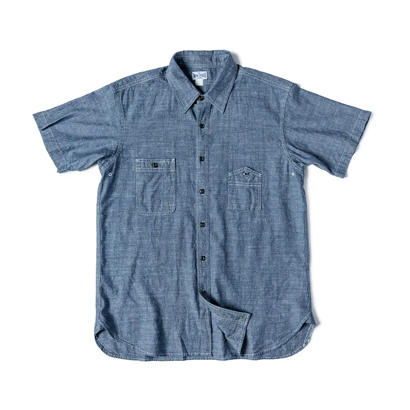 6.5oz American Vintage 1942 Mountain Pocket Chambray Short-Sleeve Shirt Summer Men's Slub Yarn Workwear Shirt