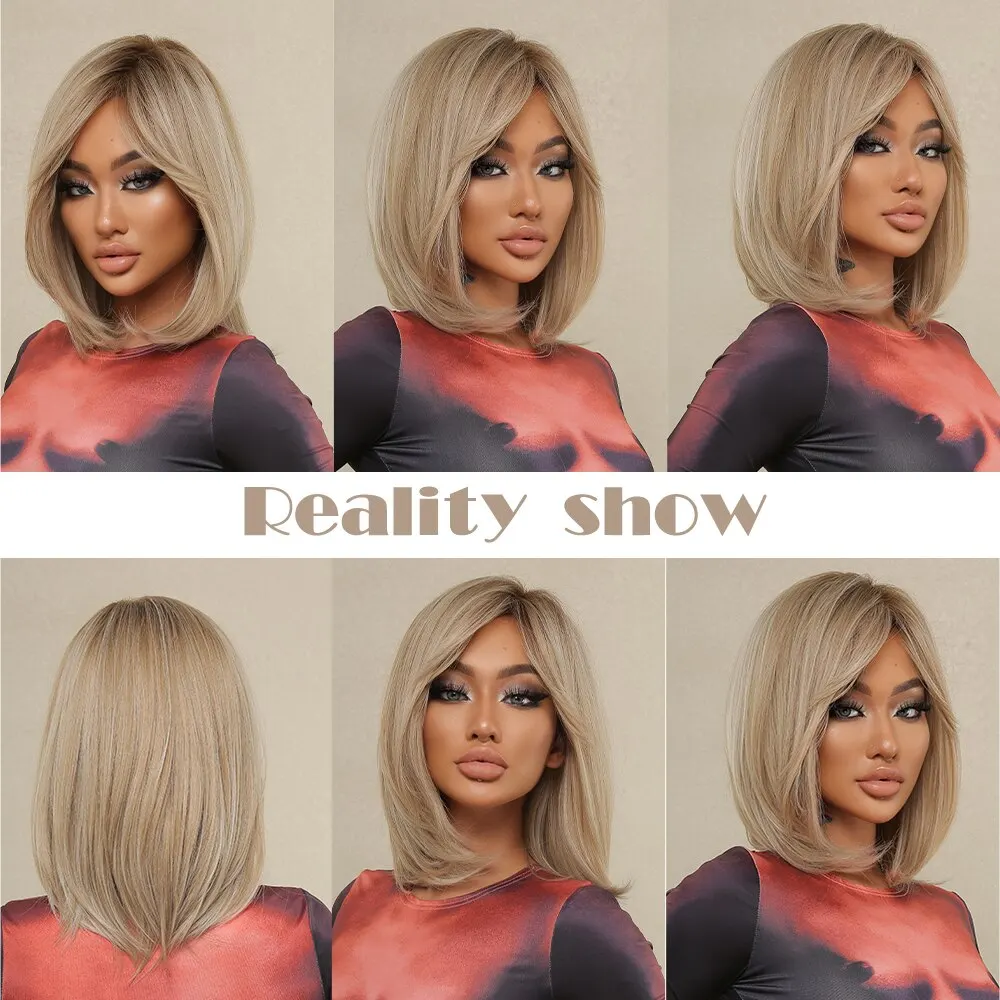 Short Straight Bob Wigs For Black Women Blonde Wigs With Bangs Dark Roots Hair Replacement Heat Resistant Lolita Cosplay Wig