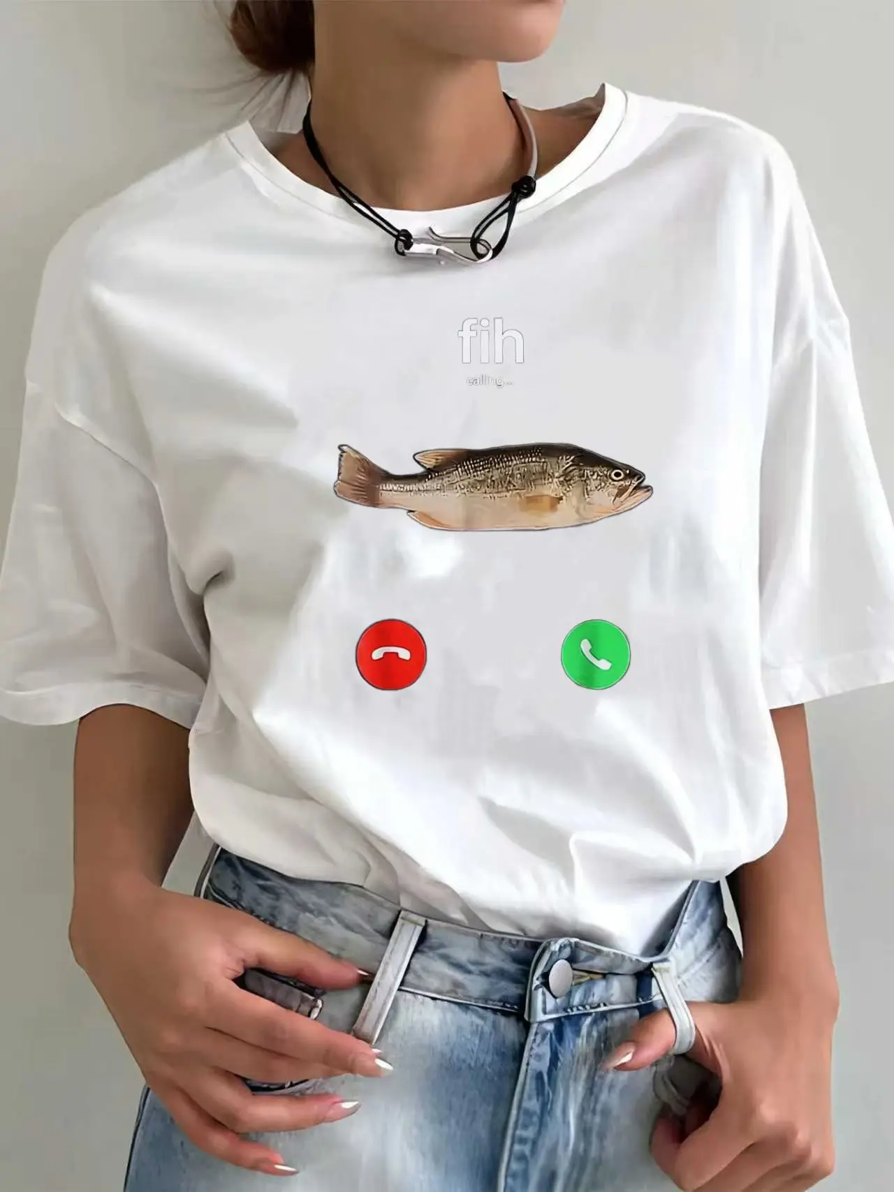 Fih Calling Remind Me Message Decline Accept Phone Call Fish T-Shirt Funny Fishman Graphic Outfit Short Sleeve  Women Clothing