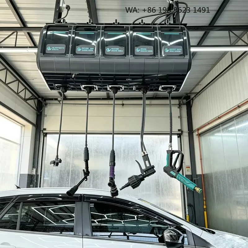 5 in 1 Ceiling Mounted Car Wash Hose Reel Combo System Air Water Power Foam Vacuum Integrated Unit