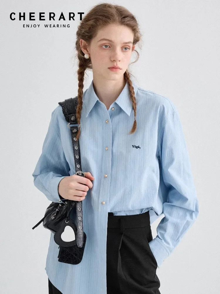 

CHEERART Blue Striped Long Sleeve Shirt For Woman Embroidery Button Up Shirt Blouse Loose Casual Tops Autumn 2025 Clothing