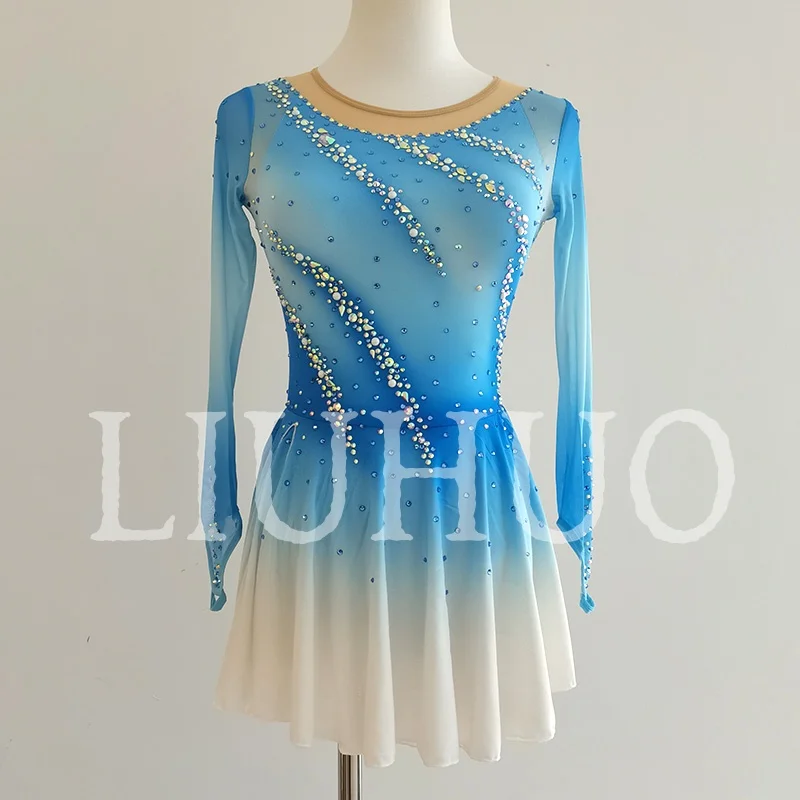 

LIUHUO Ice Figure Skating Dress Girls Women Teens Stretchy Spandex Gradient Blue Competition Wholesale BD8982