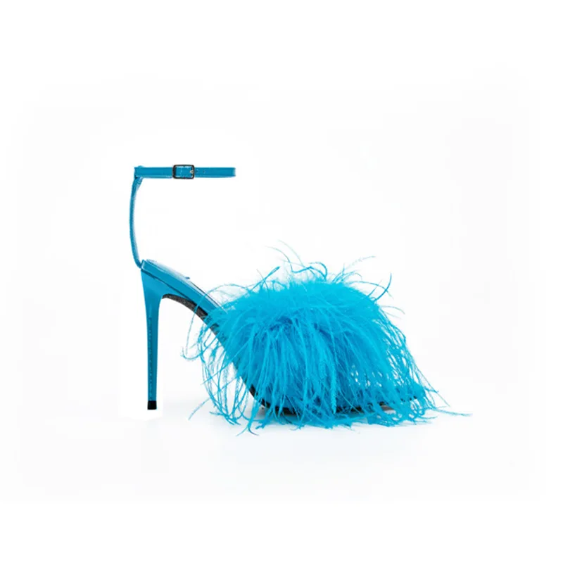 

Summer new pointed toe open-toe blue feather strap sexy sandals banquet dress large size thin heel high-heeled women's shoes