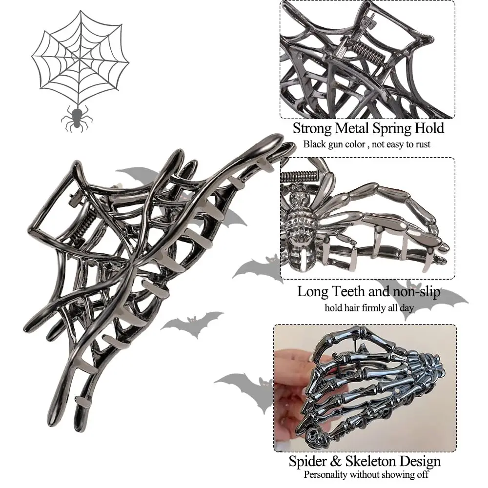 Spinnennetz-Schädel-Haarspange für Frauen und Mädchen, Skelett-Hand-Haarnadel, Punk-Haarschmuck im Metall-Stil als Party- und Cosplay-Geschenk – Detail 3