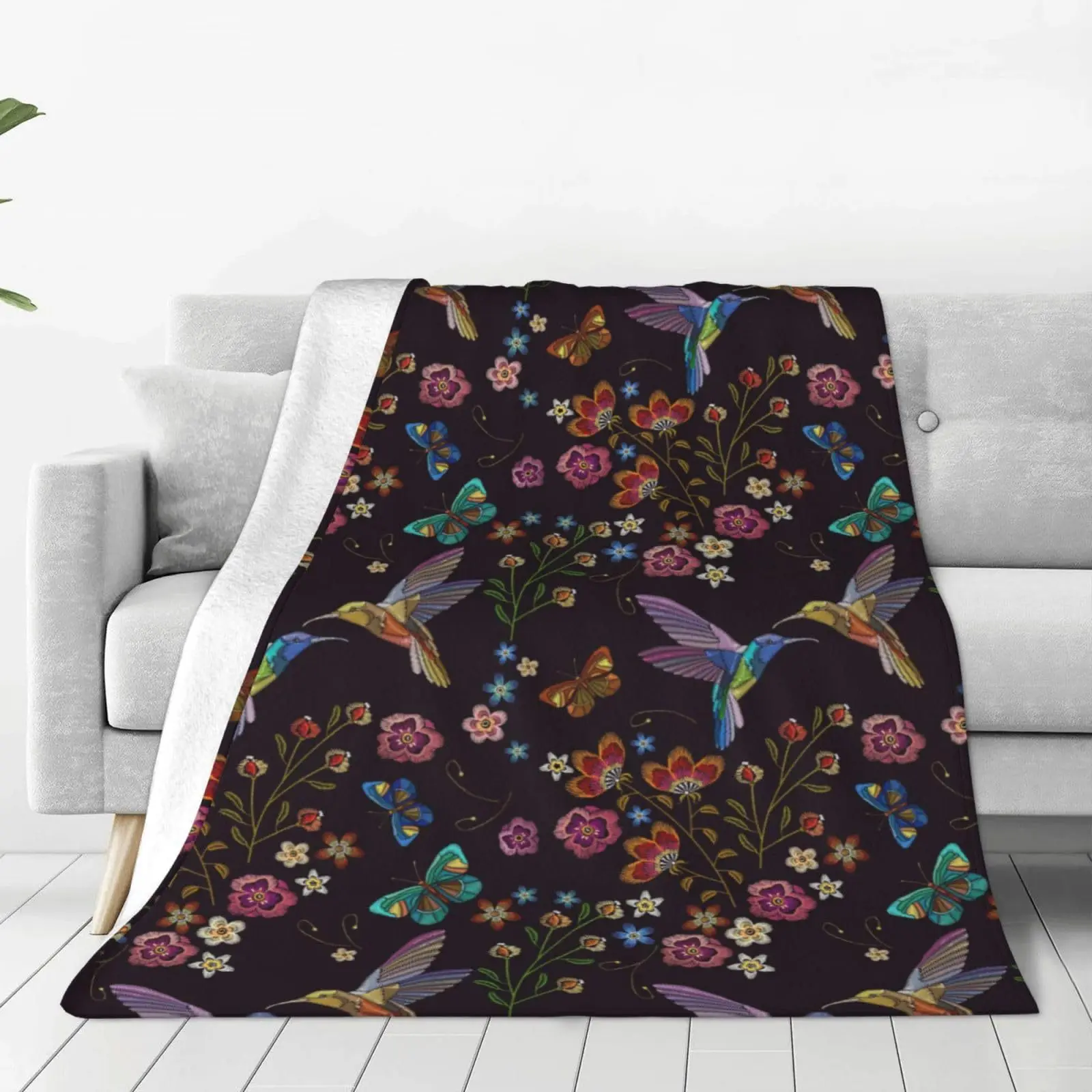 Faux Embroidery Blanket Hummingbird Floral Pattern Throw Couch Cover Textured Flower Plush Blankets Cozy Playroom Bedding