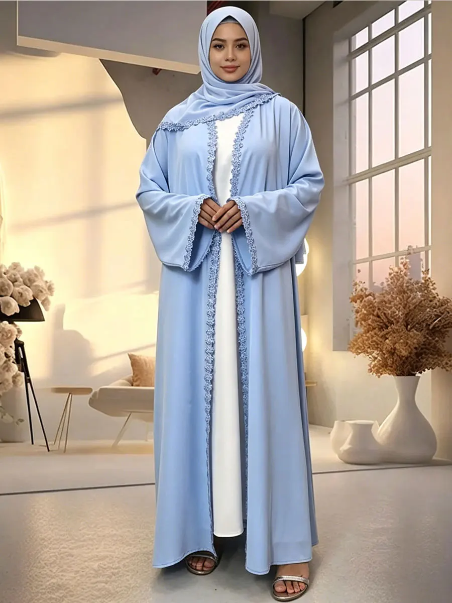 Women Lace Trim Open Abaya Set Flare Sleeve Dubai Muslim Robe With Hijab 2‑Pieces Outfit for Eid Ramadan Party