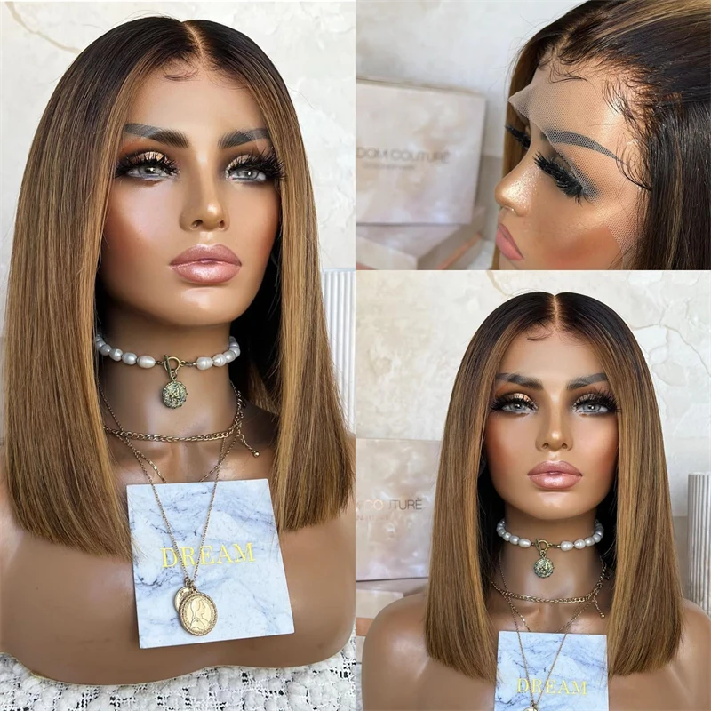 

14 Inches Short Straight Bob Wigs Human Hair Glueless 100% Brazilian Hair Ombre Blonde Brown HD Lace Frontal Wig 13x1 Human Hair