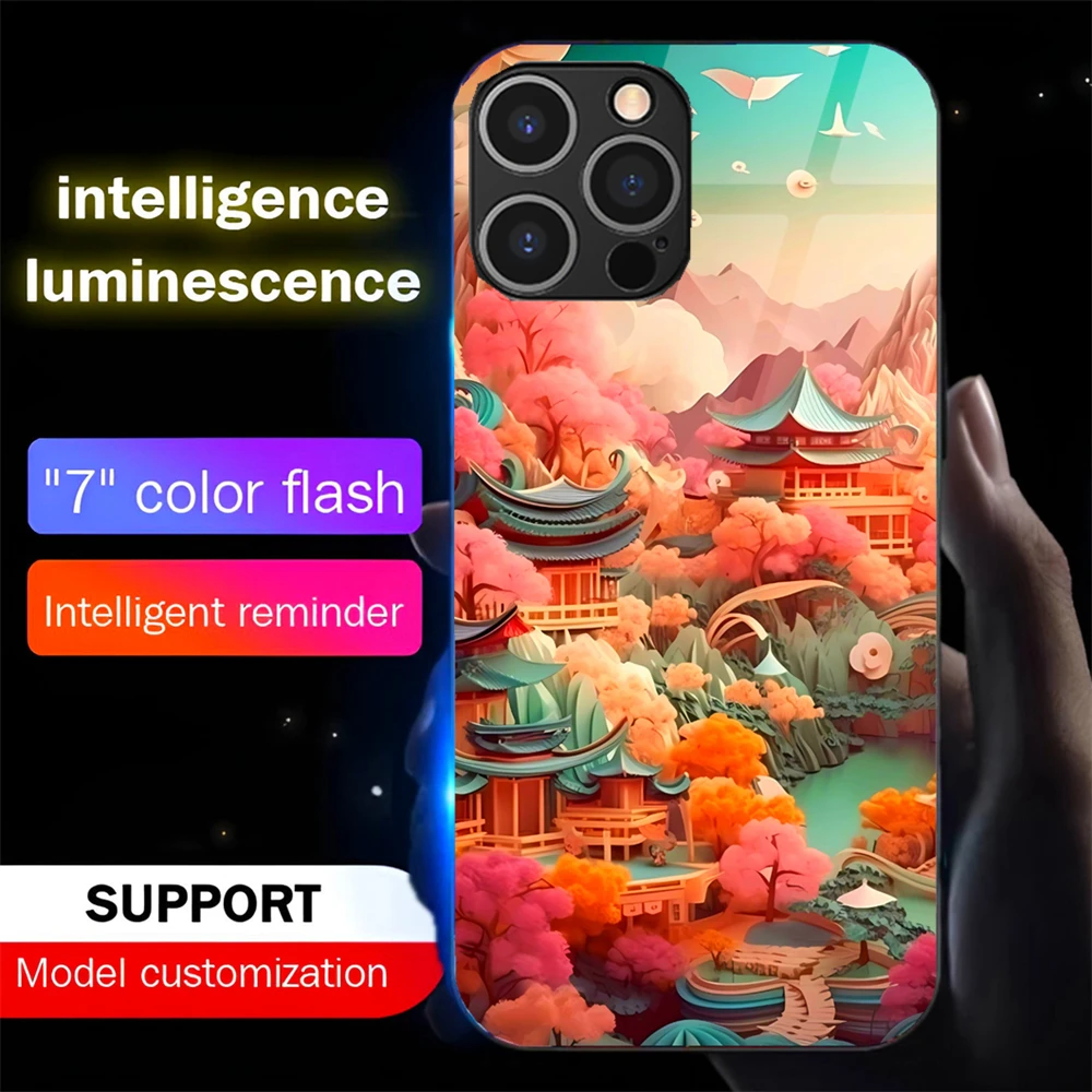 

Paper Sculpture Design Luminous Tempered Glass Phone Case LED Backlight Cover For Samsung S25 S24 S23 S22 S21 S20 FE Plus Ultra