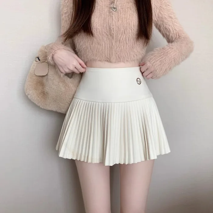 Women's Solid Color Pleated Short Skirt Spring Autumn Korea Academy Style Skirts Spicy Girl A-line High Waist Mini Skirt 2024